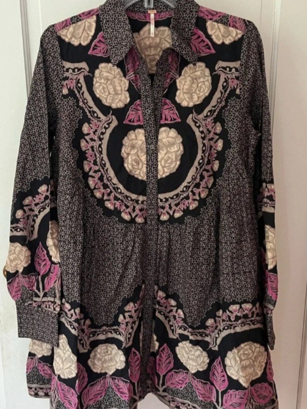 Free People Women’s Black Floral Print Button-Front Mini Dress